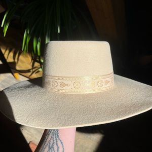 NWT Lack Of Color Juno Boater Wool Hat with Brocade Ribbon Trim in Cream